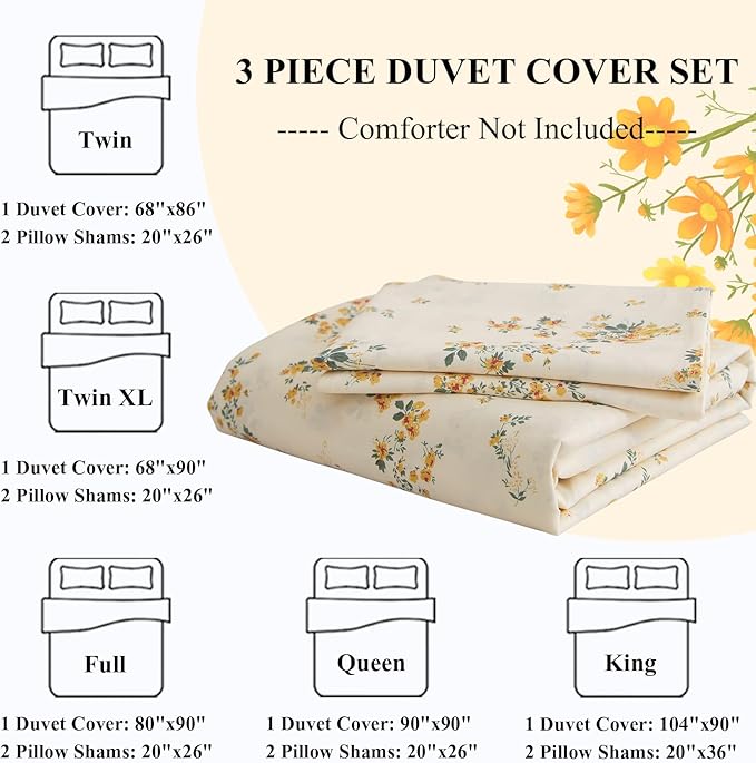 LIFETB Yellow Botanical Duvet Cover King Soft Cotton Floral Bedding Sets Chic Aesthetic Comforter Cover Vintage Garden Style Flower Print Duvet Cover Luxury Bedding Sets