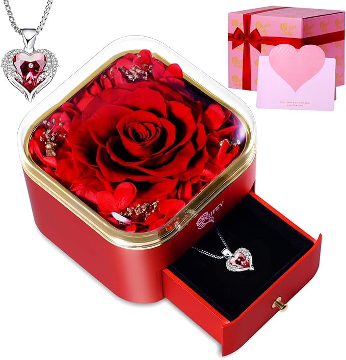 Christmas Flower Gifts for Her,Preserved Red Rose with Necklace,Preserved Flowers for Delivery Prime Gifts for Women Mom Wife Girlfriend Gifts Ideas on Birthday Anniversary Christmas Valentines Day