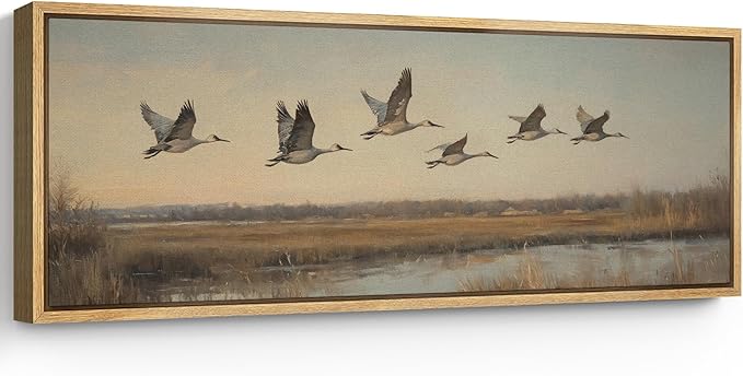 SIGNFORD Large Framed Canvas Print Wall Art Flying Cranes Over Wetlands Vintage Nature Bird Scene Illustrations Modern Art Relax/Calm Warm for Living Room, Bedroom, Office - 60"x20"