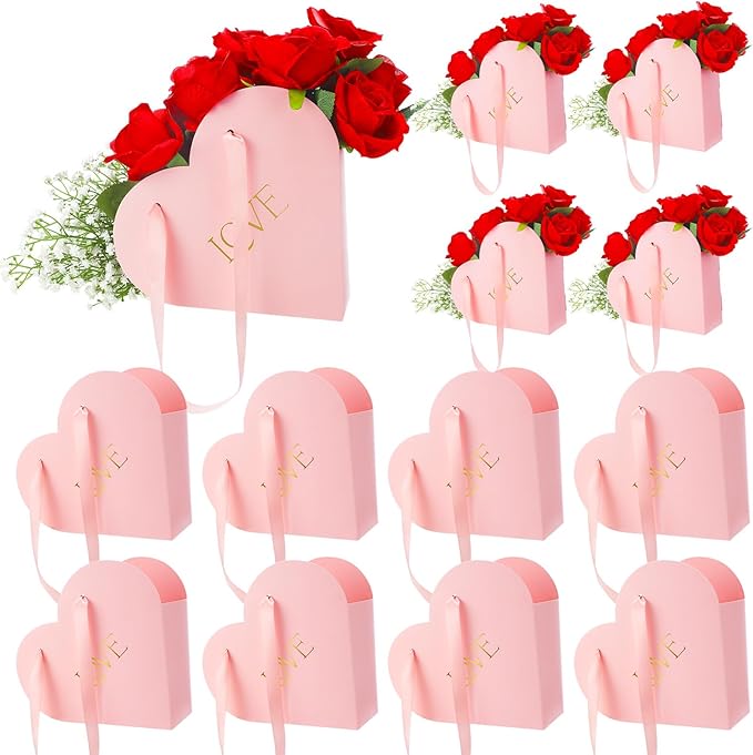 Kolldenn 12 Pcs Heart Shaped Flowers Boxes Christmas Bouquet Storage Bucket Valentine's Day Floral Boxes for Arrangements Paper Floral Bag with Handle Basket Handbag for Florist Bridal Shower(Pink)