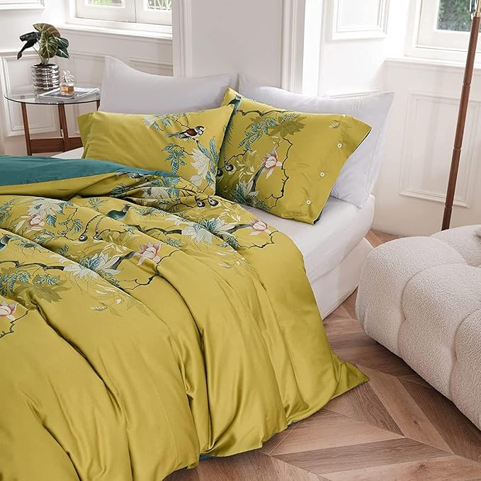Gold Floral Duvet Cover Set King Size Garden Style Bird Flower Pattern Duvet Cover Luxury Soft Cotton Floral Comforter Cover with Zipper Closure Reversible Peacock Blue 3 Pieces Farmhouse Bedding Set