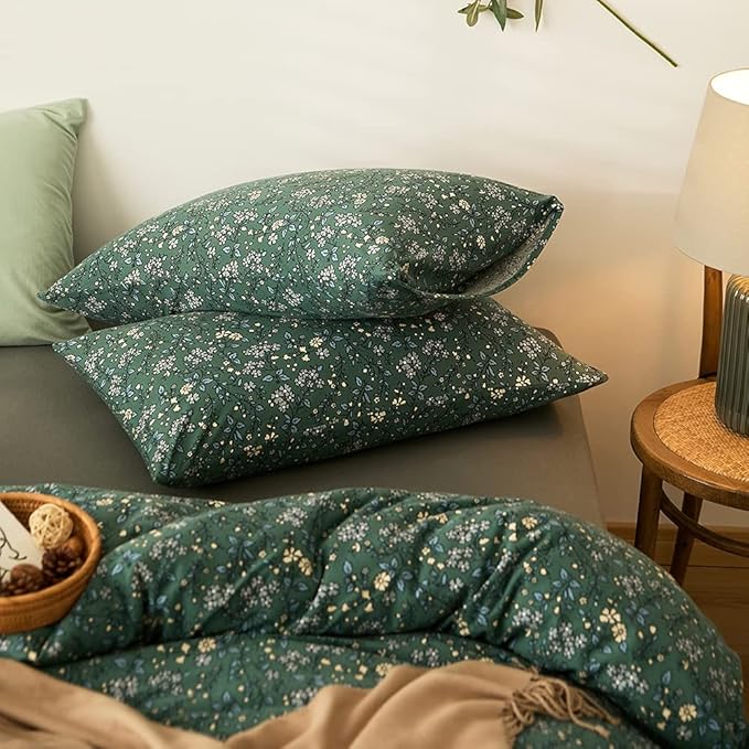 EAVD Vintage Style Green Floral Duvet Cover Twin XL Jersey Cotton Cottagecore Bedding Set with 2 Pillowcases Chic Shabby Botanical Floral Comforter Cover with Zipper Closure