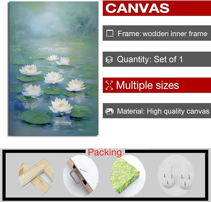 Zen wall art Delicate white lotus flower floating on calm water Vintage oil painting print Serene aquatic wall art creates a tranquil home decor 16x24in Wood Framed