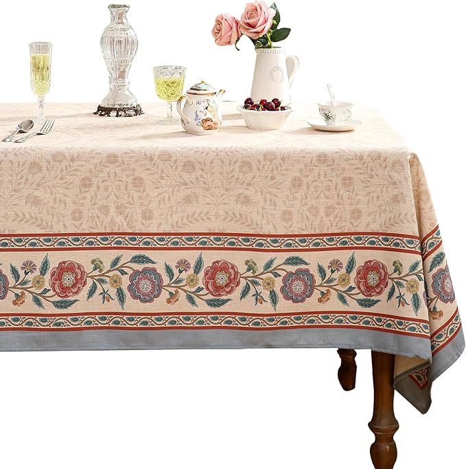 Beige Linen Long Rectangle Tablecloth,Vintage Indian Style Soft and Colorfast Floral Tablecloths,Decor Table Cover for Kitchen,Dining,Thanksgiving,Christmas,63"*102"-Flowershadow E