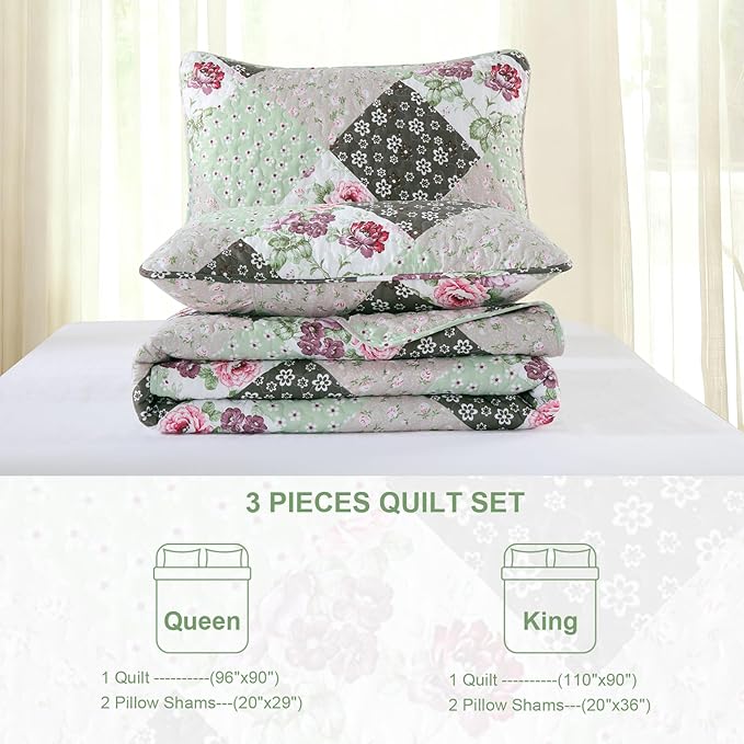 Dinjoy Floral Plaid Patchwork Quilt Set King Size, Reversible Green Bedding Set Soft Microfiber Lightweight Bedspread Coverlet 3 Piece Fall Autumn Summer Use (110x90 inches)