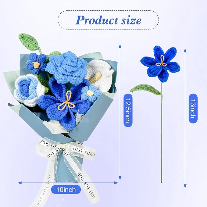 Crochet Flower Bouquet Blue Rose, Handmade Crochet Flowers Knitted Bouquet for Birthday, Wedding, Anniversary, Graduation Gift for Her, Girlfriend, Wife, Womeng (Blue)