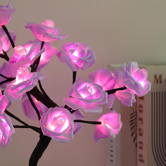 Drawelry Rose Flower Tree Lamp - LED Rose Tree Table Lamp USB/Battery Powered Artificial Bonsai Flower Night Light for Bedroom Living Room Party Wedding Birthday Decor (Purple)