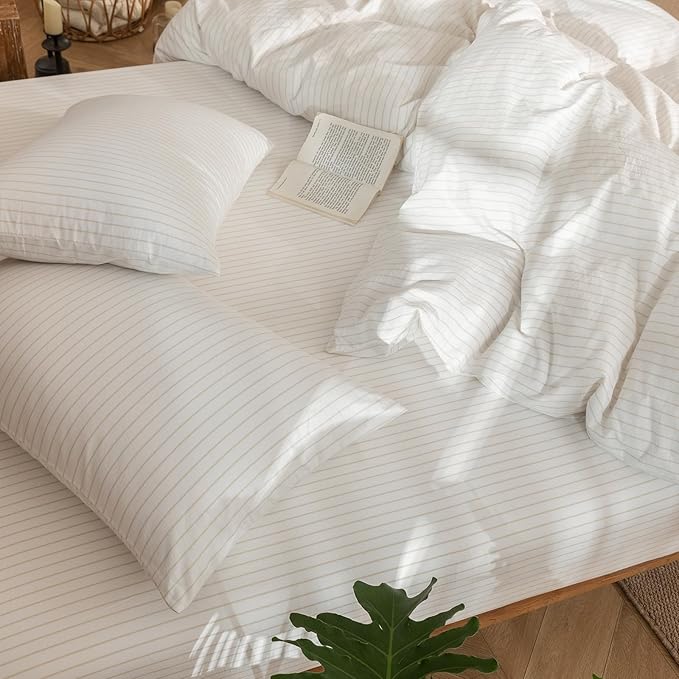 MooMee Striped Duvet Cover Set 100% Washed Cotton Linen Like Textured Breathable Durable Soft Comfy (White Almond Milk Grey Wide Stripes, Alaska King 132"x120")