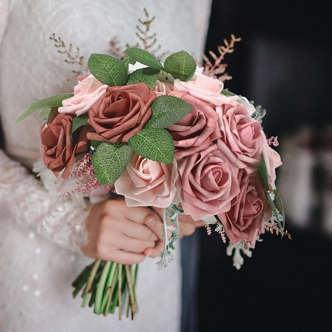 100 Pieces Artificial Foam Rose Flowers Faux Bouquet with Leaves and Stems for DIY Wedding Bouquets Centerpieces Bridal Shower Party Valentine Home Decorations(Shades of Dusty Rose)