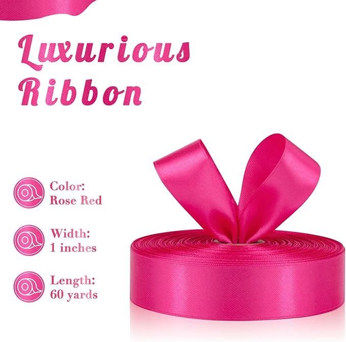 Hot Pink Ribbon 1 Inch 60 Yards, Versatile Hot Pink Satin Ribbon for Flower Bouquet, Graduation Lei, Crafts, Gift Wrapping, Baby Shower, DIY Bows and Wedding Decor