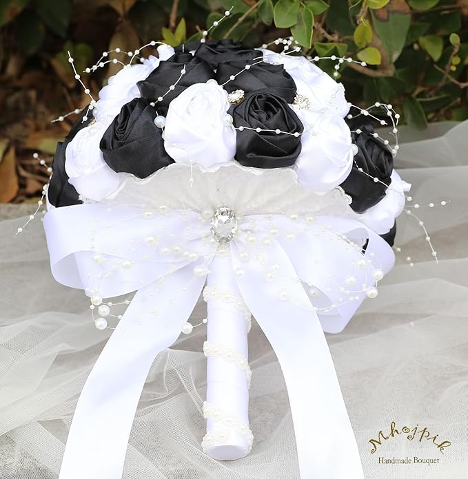 Bridal Wedding Bouquet Round Bling Brooch Bouquet Throw Toss Artificial Rose Flower Bunch for Bride Bridesmaid Wedding Quinceanera(White & Black, 9.8")
