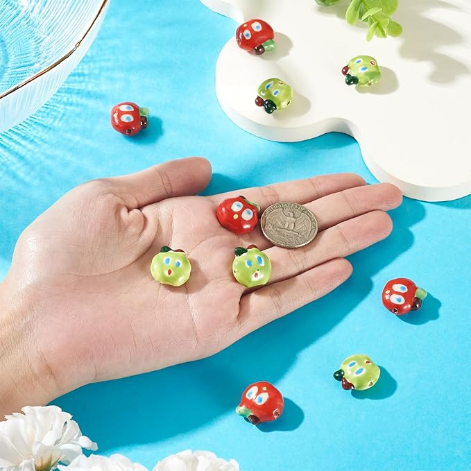 Beadthoven 10pcs Apples Porcelain Beads Red Green Fruits Handmade Ceramic Beads Cute Apples Cartoon Printed Cute Craft Spacers for DIY Jewelry Making Bracelets Necklace Beading Supplies