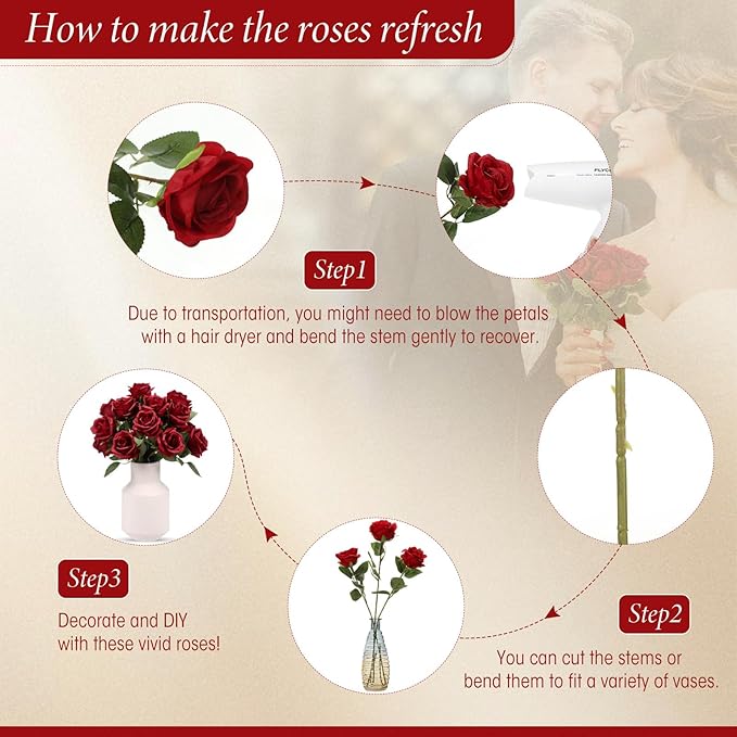 Hotop 40 Pcs Rose Artificial Flowers Bulk with Long Stem,Realistic Silk Fake Roses Bouquet for Home Wedding Centerpieces Party Table Decoration Valentines Gifts(Wine Red)