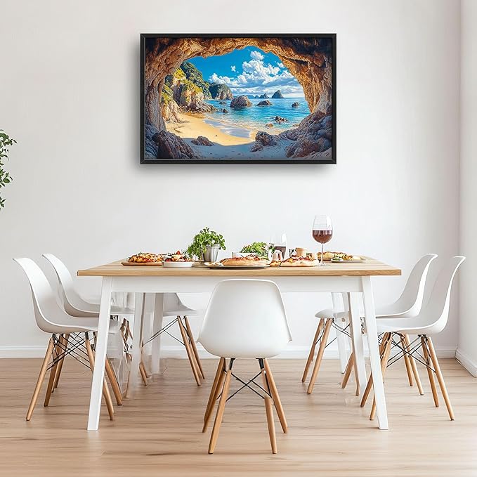 Beach Large Wall Art Rocky Cave Pictures Wall Decor Coastal Canvas Seascape Print Painting Modern Artwork Home Decoration for Living Room Bathroom Bedroom Office Framed 36"x24"