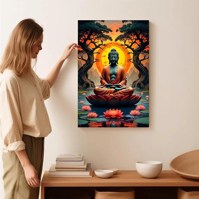 Canvas wall art Golden Buddha on lotus at sunset Ancient trees with reflections on water Serene meditation scene Uplifting wall art for mindfulness and tranquil home decor 20x30in Frameless