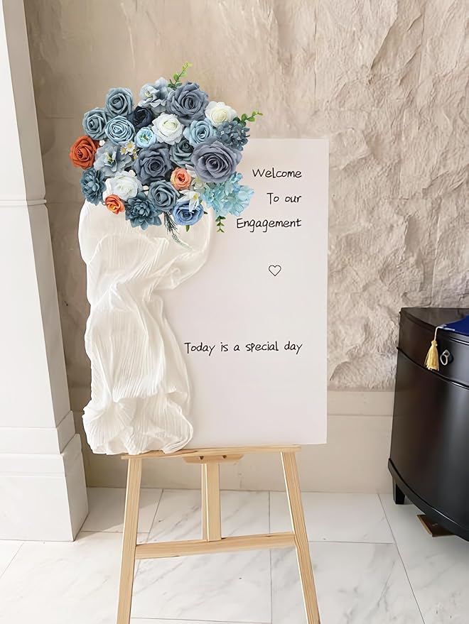 Dusty Blue White Orange Artificial Flowers Combo for DIY Centerpieces Arrangements Wedding Bridal Bouquet Table Chair Decor Candle Holder Baby Shower Cake Decor Flower Strips Home Décor