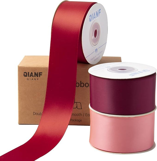 Burgundy Double Face Satin Ribbon 1-1/2 Inch x 45 Yards Wine Red Coral Pink Fabric Ribbon for Gift Wrapping, Flower Bouquets, Bows Making, Wedding Decor, Invitation, Christmas (3 Rolls *15Yd)