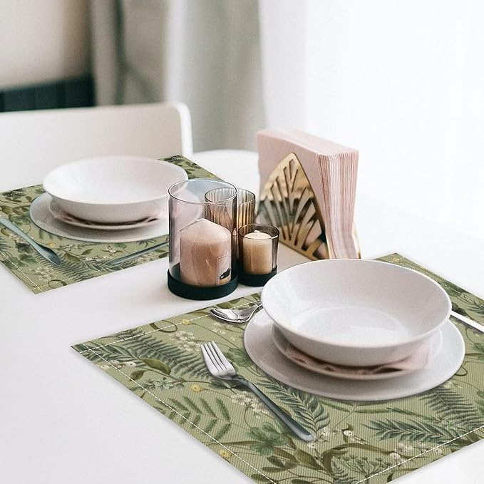 Retro Plant Placemats Set of 6, 17x12 Inch Green Leaves Retro Elegant Nature Plant Aesthetic Table Mats for Home Party Kitchen Dining Decor