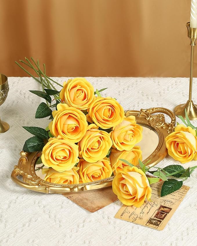 LFF 50Pcs Yellow Roses Artificial Flowers with Long Stems, Realistic Velvet Faux Roses in Bulk, Wedding Bouquet, DIY Floral Arrangement for Home/Wedding/Proposal Ceremony Decoration(Yellow)
