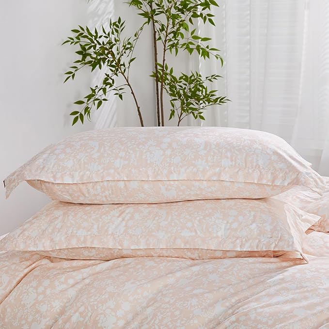 SAPHREAS Pink Botanical Plants Duvet Cover 3pcs Soft Microfiber White Floral Animal Printed Pattern Comforter Set with Zipper Ties King Size 1 Duvet Cover 2 Pillow Shams