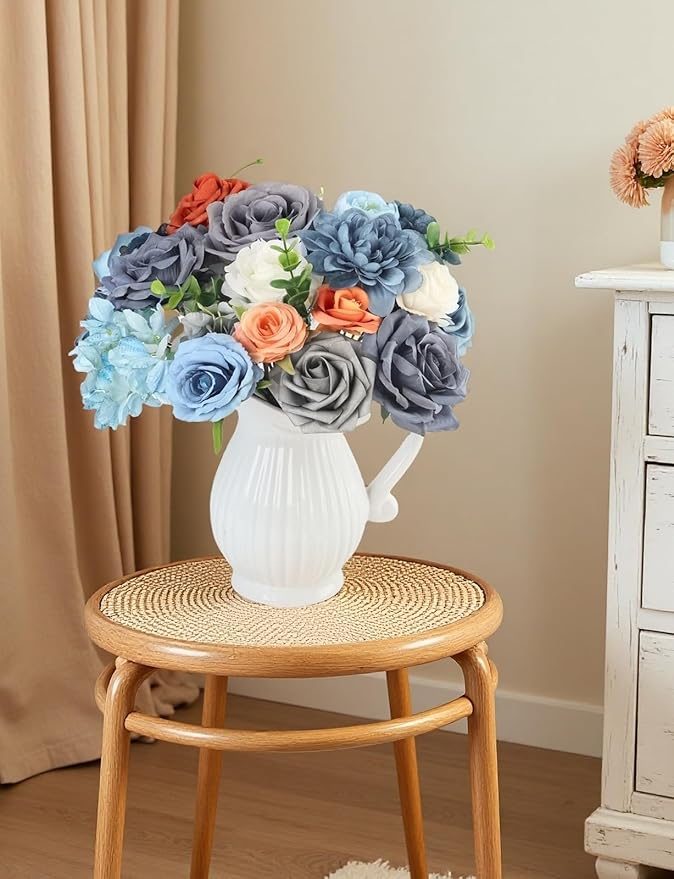 Dusty Blue White Orange Artificial Flowers Combo for DIY Centerpieces Arrangements Wedding Bridal Bouquet Table Chair Decor Candle Holder Baby Shower Cake Decor Flower Strips Home Décor