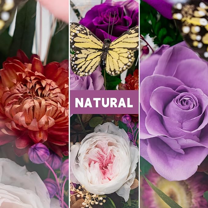 Eternal Flower with Butterfly: Big Flowers Big Love-Elegant Flower in Glass Dome-Thanksgiving, Christmas, Mom Gifts for Her-Flowers for Delivery Prime-Floral Arrangements(Purple)