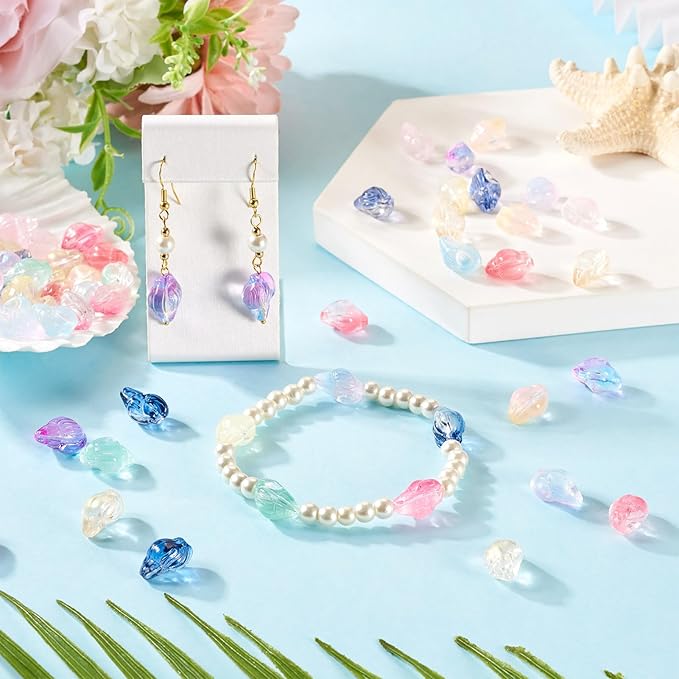 66Pcs Glass Conch Shell Beads Colorful Spiral Shells Glass Crystal Beads Transparent Spray Paint Ocean Beach Seashell Bead Marine Life Bead for DIY Craft Bracelet Earring Jewelry Making