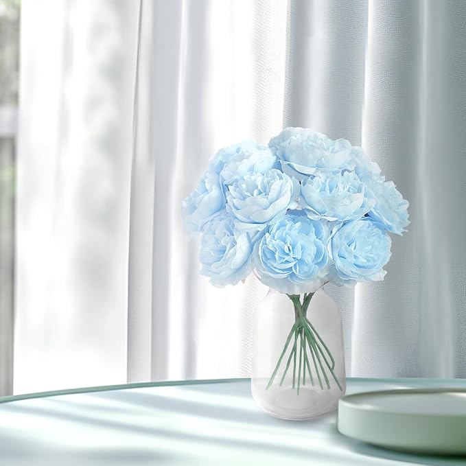 12 PCS Artificial Silk Blue Peony Flowers with Stems - 8 Inch Fake Peony Bouquet for Wedding, Home Decor, Office Table, Festival Gifts