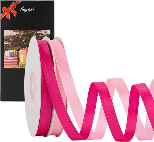LIUYAXI 2 Rolls Pink & Hot Pink Double Faced Stain ribbon,Total 50 Yards,3/8 Inch x Continuous 25 Yards Each Rolls, Crafts ribbon use for Bows Bouquet, Gift Wrapping, Wedding Decor, Floral Arrangement