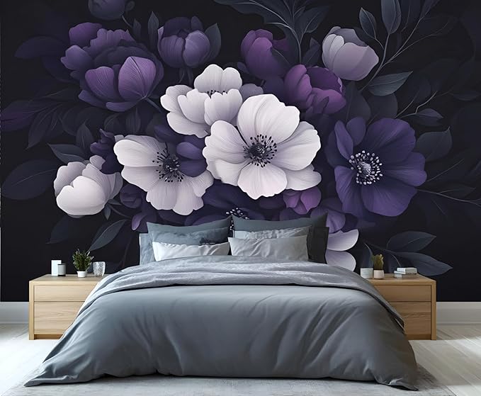 Dark Peony Floral Wall Mural, Purple and Black Flower 3D Wall Murals, Luxury Botanical Wallpaper Mural, for Living Room Bedroom Large Wallpaper Indoor Decor 137.8" W x100 H