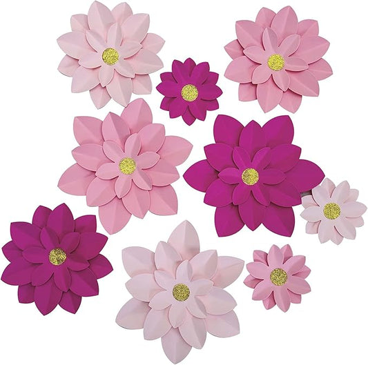 Pink Paper Flower Wall Decor DIY Paper Floral Backdrop Nursery Decor Pack of 9 (10"-6")