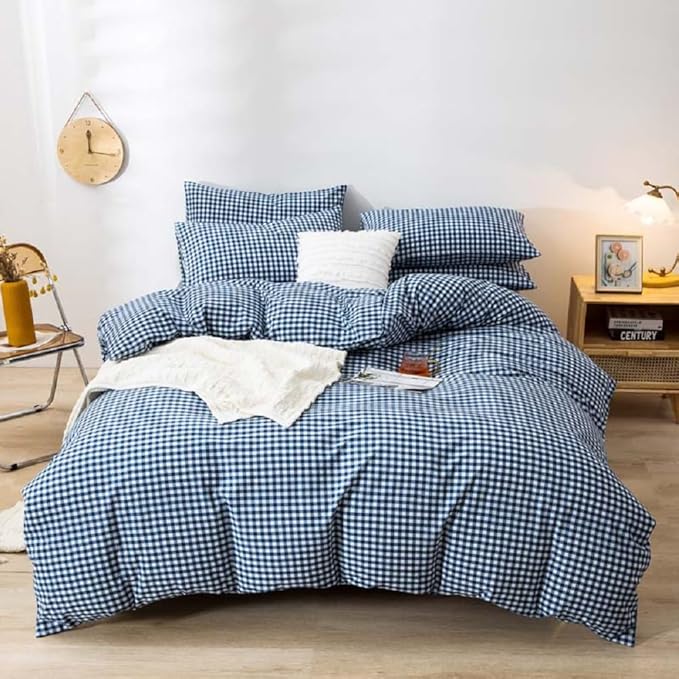LifeTB Queen Comforter Set Royal Blue Gingham Bedding Comforter Modern Style Blue Grid Plaid Comforter Set 3 Pieces Fluffy Checkered Comforter with 2 Pillowcases Breathable Gingham Bedding Set
