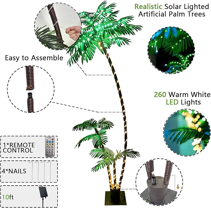 7FT Solar Lighted Palm Trees for Outside Patio Light Up 260 LED Artificial Fake Tree Lights for Pool Bar Tropical Party Deck Outdoor Decorations