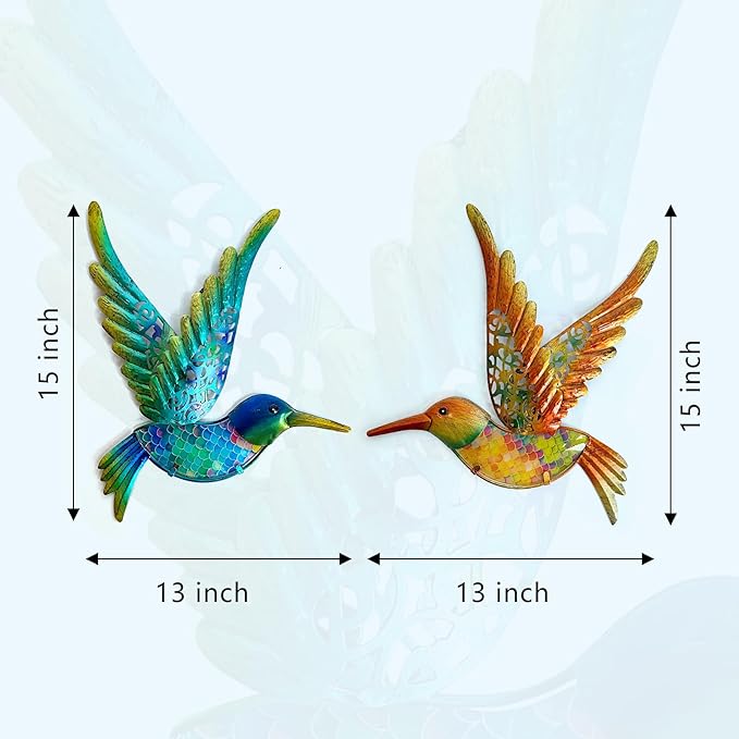 HONGLAND Metal Hummingbird Wall Art 12inch Metal Birds Wall Sculpture Garden Decoration Outdoor Statue Patio Fence Hanging Plaques 2 Pack（Multicolor）