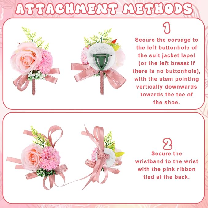 Corsage and Boutonniere Set, Artificial Corsage Wristlet and Boutonniere for Wedding Flowers Accessories (Pink, 2PCS)