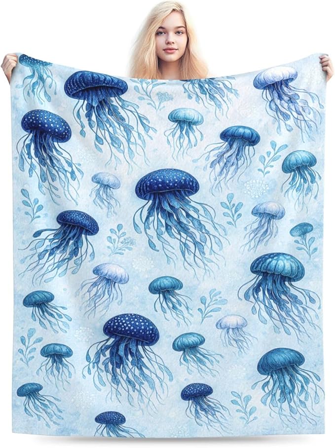 Jellyfish Blanket Marine Life Throw Blanket Blue Ocean Sea Soft Cozy Fleece Sealife Fuzzy Stuffed Plush Animal Flannel Gifts for Girls Women Boys Kids Adults 50"X60"