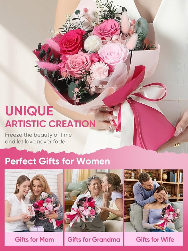 Flowers for Delivery Preserved Flower Fresh Bouquet Forever Flowers Birthday Gifts for Women Mom Anniversary Pink Real Rose Gifts for Grandma Sister Wife Her from Daughter Home Wedding Decor