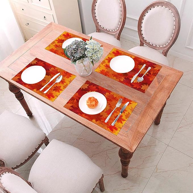 PVC Placemats Set of 1 Wipeable Table Mats Washable Heat Resistant Non Slip Vinyl Dining Table Mat for Kitchen Indoor Outdoor Patio Farmhouse Place Mats Orange Thanksgiving Maple Decorative