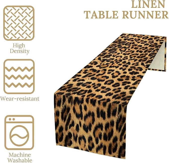 Leopard Skin Print Table Runner, Vintage Cottage Country Farmhouse Wildlife Brown Safari Animal Skin Dinner Runner for Home Kitchen Dining Table Party Holiday Decor 13x70in
