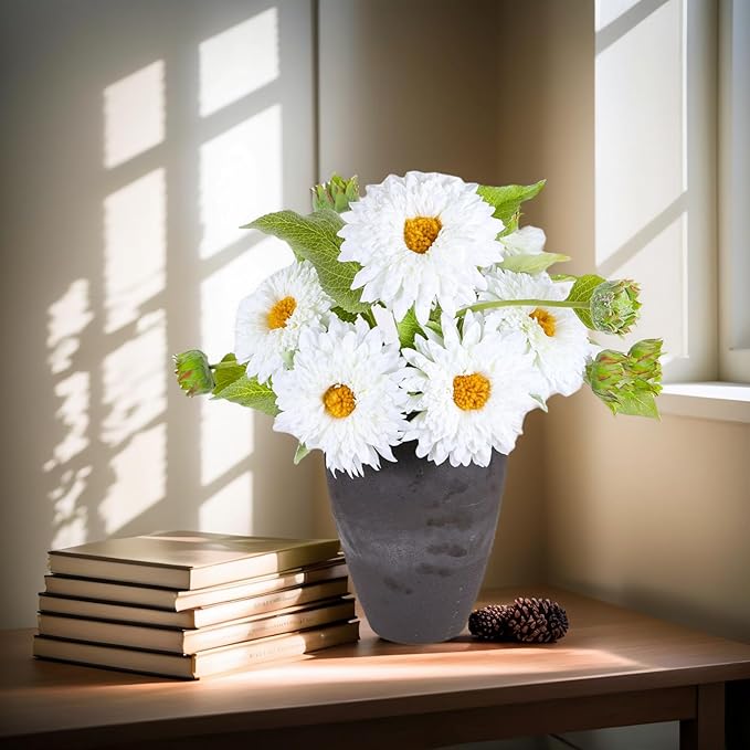 Kimura's Cabin 5Pcs White Artificial Silk Flowers Fake Sunflowers Bouquet Long Stems Faux Sunflower Real Touch Chrysanthemum for Wedding Home Garden Birthday Party Indoor Decor（White）
