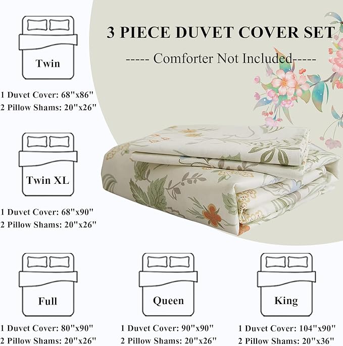 LifeTB Chic Floral Duvet Cover Twin XL Cotton Botanical Bedding Sets Vintage Style Aesthetic Comforter Garden Flower Branches Pattern with Zipper Closure 4 Ties