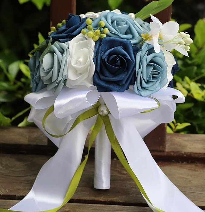 Lightweight Bridal Wedding Bouquet Round Holding Bouquet Throw Toss Artificial Rose Flower Bunch for Bride Bridesmaid Wedding Quinceanera (White & Shades of Blue, 6.7")