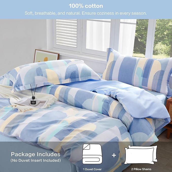 SAPHREAS Blue Geometric Pattern Duvet Cover Set 3pcs King Size 100% Cotton Colorful Blocks Bedding Comforter Cover Set 1 Duvet Cover 2 Pillow Cases