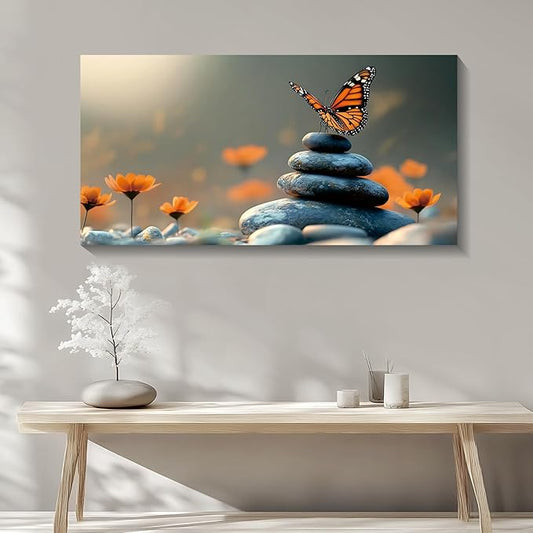 Iallbin Zen Stone Wall Art & Zen Wall Decor, Dark Smooth Rounded Stones Small Star-Shaped Golden-Yellow Flowers-for Yoga Meditation Room, Spa & Bathroom, Orange Monarch butterfly Art Deco Style, 48x24 Inches