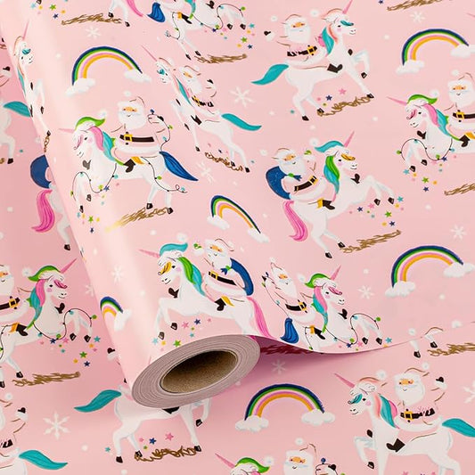 MAYPLUSS Christmas Wrapping Paper Roll - 17 Inch X 33 Feet - Fairytale Christmas Baby Pink Unicorn, Snow, Santa Claus, Rainbow Design Girl Holiday Winter Gift Wrap for Baby Shower, Party & Wedding