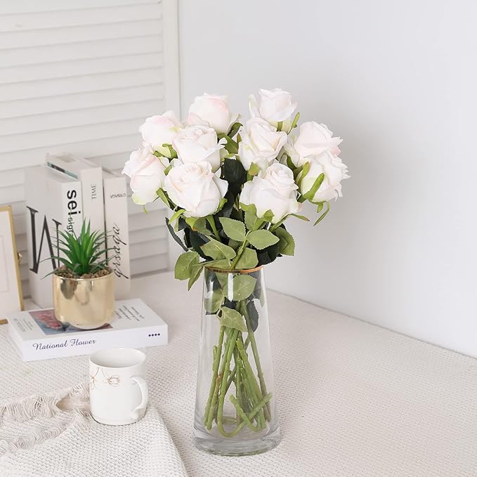 Nubry Artificial Silk Rose Flower Single Stem Lifelike Vintage Fake Rose for Wedding Bouquet Floral Arrangements Home Party Centerpiece Decoration, 10pcs (Vintage Ivory)
