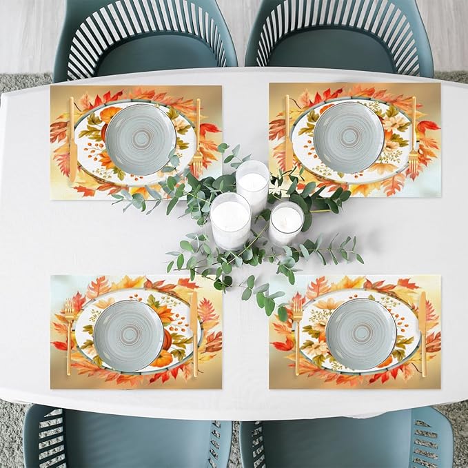 Fall Autumn Flower Pumpkin Placemats Set of 4 PVC Vinyl Non Slip Table Mats Heat Resistant Place Mats Washable Wipeable Dining Table Mat for Kitchen Decor Party Indoor Outdoor Decorative Gift