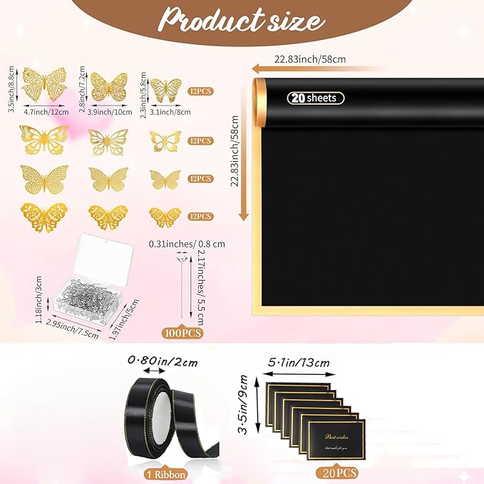 20 Sheets Flower Wrapping Paper,Black Floral Wrapping Paper Bouquet Kit with 100 Pcs Diamond Bouquet Pins 48Pcs 3D Gold Butterflies 1Roll Ribbon 10 Cards for Graduation Birthday Wedding DIY Craft