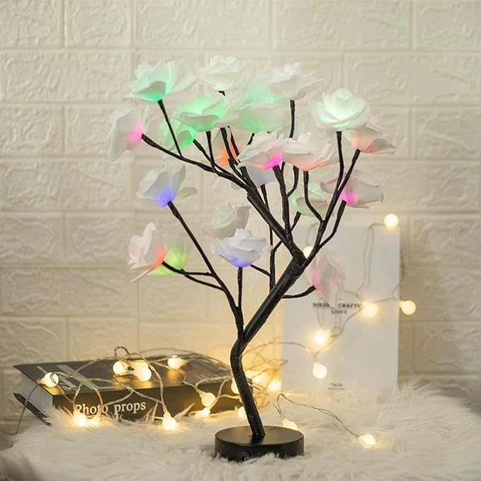 Rose Flower Tree Lamp - LED Rose Tree Table Lamp USB/Battery Powered Artificial Bonsai Flower Night Light for Bedroom Living Room Party Wedding Valentines Mothers Day Decor (White)