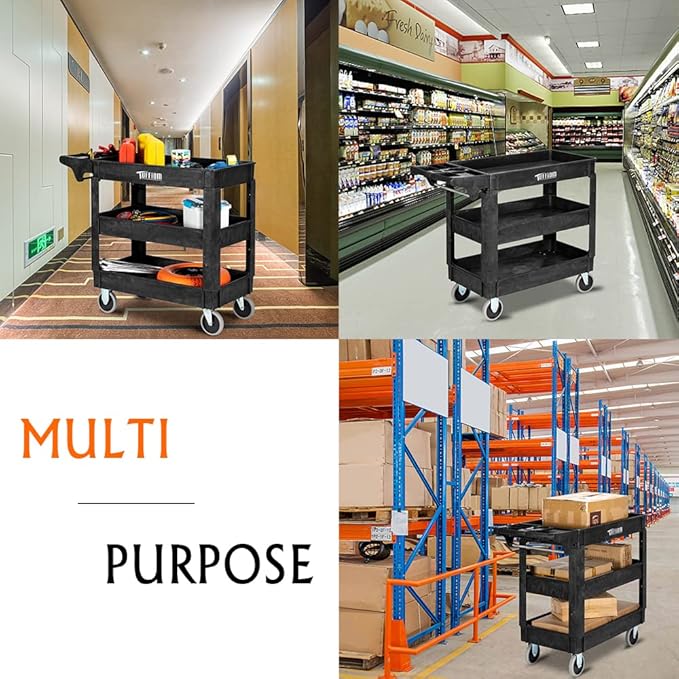 TUFFIOM Plastic Service Utility Cart, Support 550lbs Capacity Ergonomic Handle, Heavy Duty Tub Storage Cart W/Deep Shelves, Multipurpose Rolling 2-Tier Mobile Storage Organizer, for Warehouse Garage